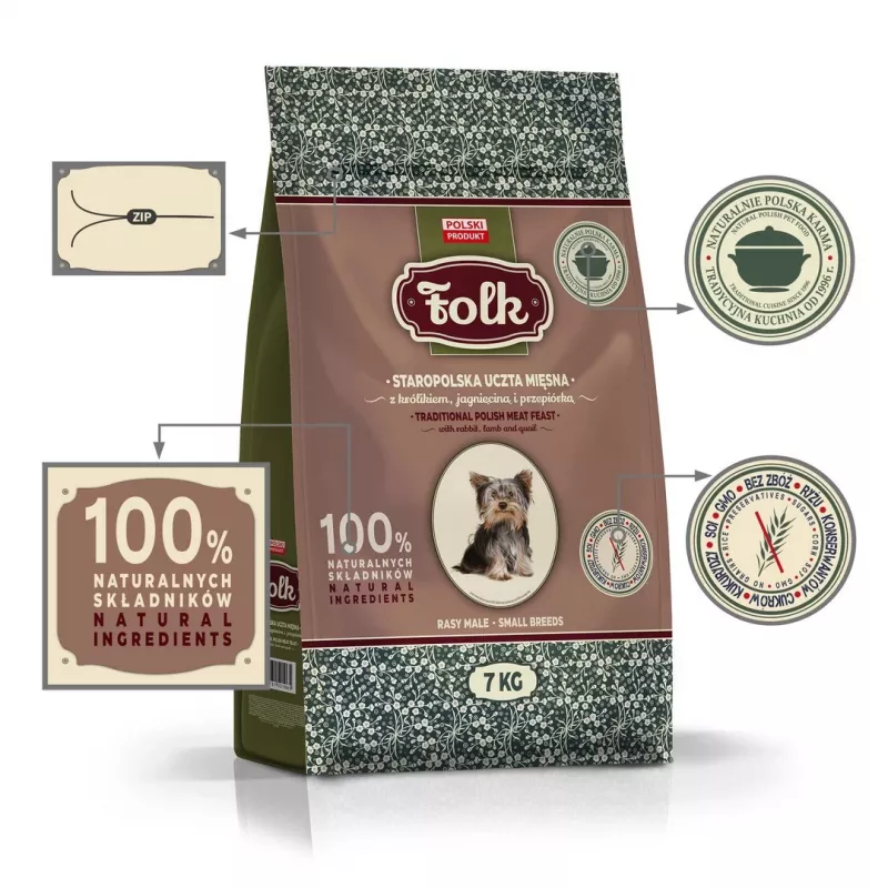 FOLK mazo šķirņu tradicionālais poļu gaļas mielasts ar trusi, jēru un paipalu - sausā suņu barība - 7kg