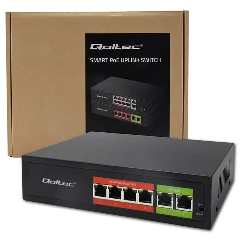 Ethernet PoE slēdzis QOLTEC 52289 — 4x RJ45 PoE porti, 2x RJ45 augšupsaites porti, 65W jaudas budžets