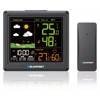 Laika stacija BLAUPUNKT WS25BK — iekštelpu/āra temperatūras un mitruma monitors, melna, 1 sensors, LCD displejs