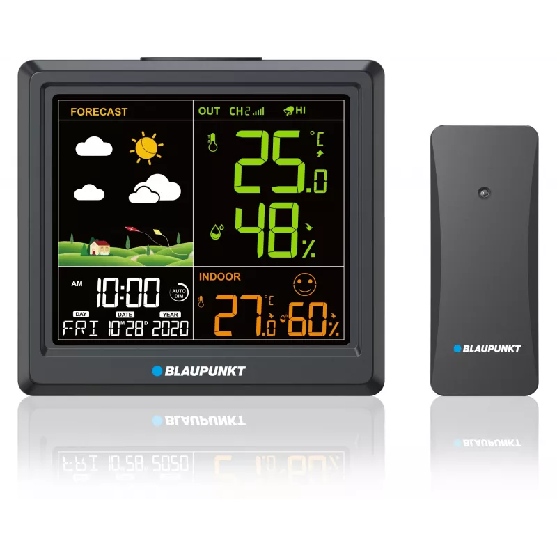 Laika stacija BLAUPUNKT WS25BK — iekštelpu/āra temperatūras un mitruma monitors, melna, 1 sensors, LCD displejs