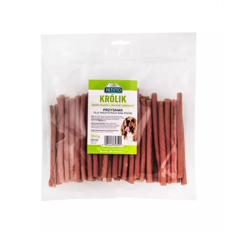 Suņu kārumi PETITTO Soft rabbit fingers — truša garšas mīkstās košļājamās nūjiņas suņiem, 500 g, treniņu kārums, pieaugušiem, bez sojas, bez lipekļa
