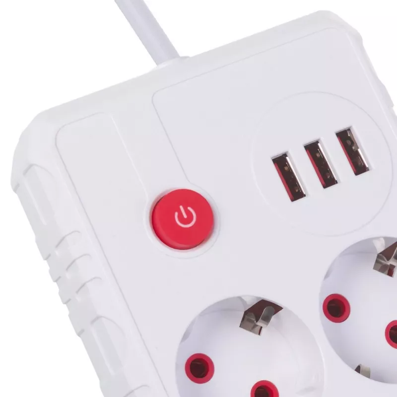 Strāvas sadalītājs MACLEAN MCE387 W — 2 rozetes, 3×USB A, 110–240V, 2500W, 1,5 m kabelis, balts