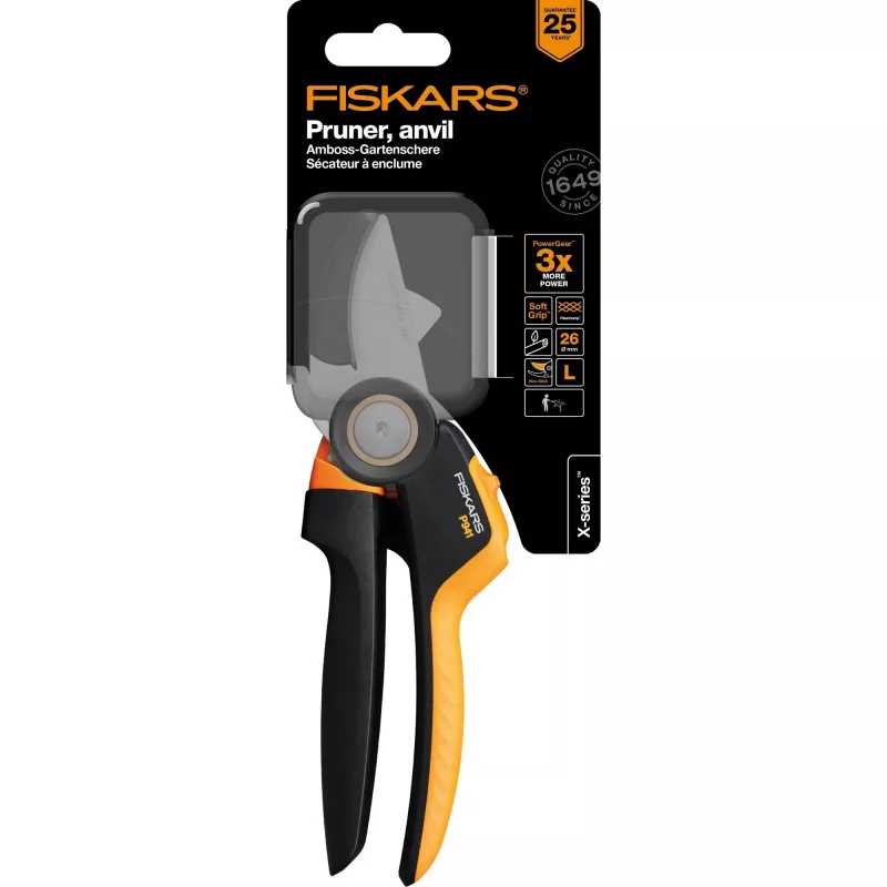 Fiskars X-Series P941 dārza šķēres ar laktu, melnas, oranžas