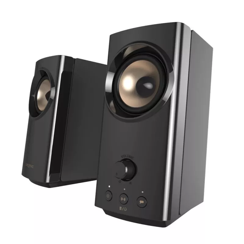 CREATIVE T60 2.0 kompakti Hi-Fi galda skaļruņi ar skaidru dialogu un apkārtējo skaņu, izmantojot Sound Blaster SmartComms komplektu, USB-C audio, mikrofona un austiņu portiem B