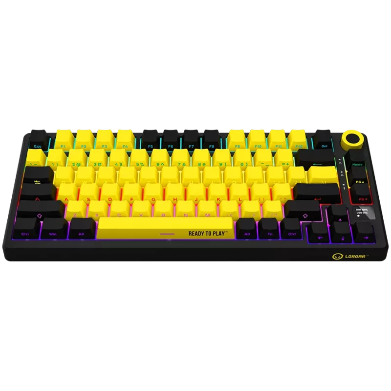 Bezvadu mehāniskā spēļu tastatūra LORGAR KBP7075W — Melna/Dzeltena, EN izkārtojums