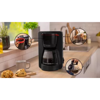 Pilienveida kafijas automāts Bosch TKA2M113, 1,25 L ūdens tvertne, 15 krūzes, melns
