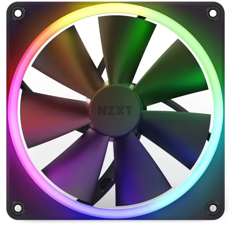 Korpusa ventilators NZXT F140 RGB 14 cm, melns, 500–1800 RPM, Fluid Dynamic Bearing, 4-pin, 18 gaismas diodes