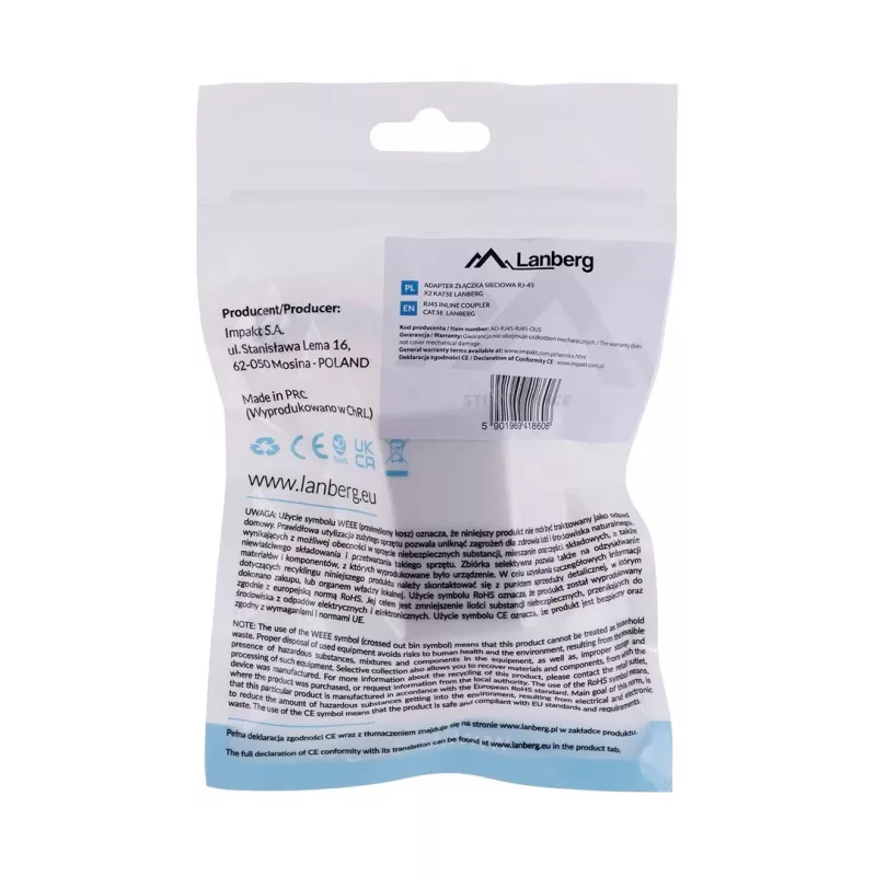 LANBERG savienotāju adapteris RJ-45 uz RJ-45, sieviešu–sieviešu, U/UTP Cat5e, balts