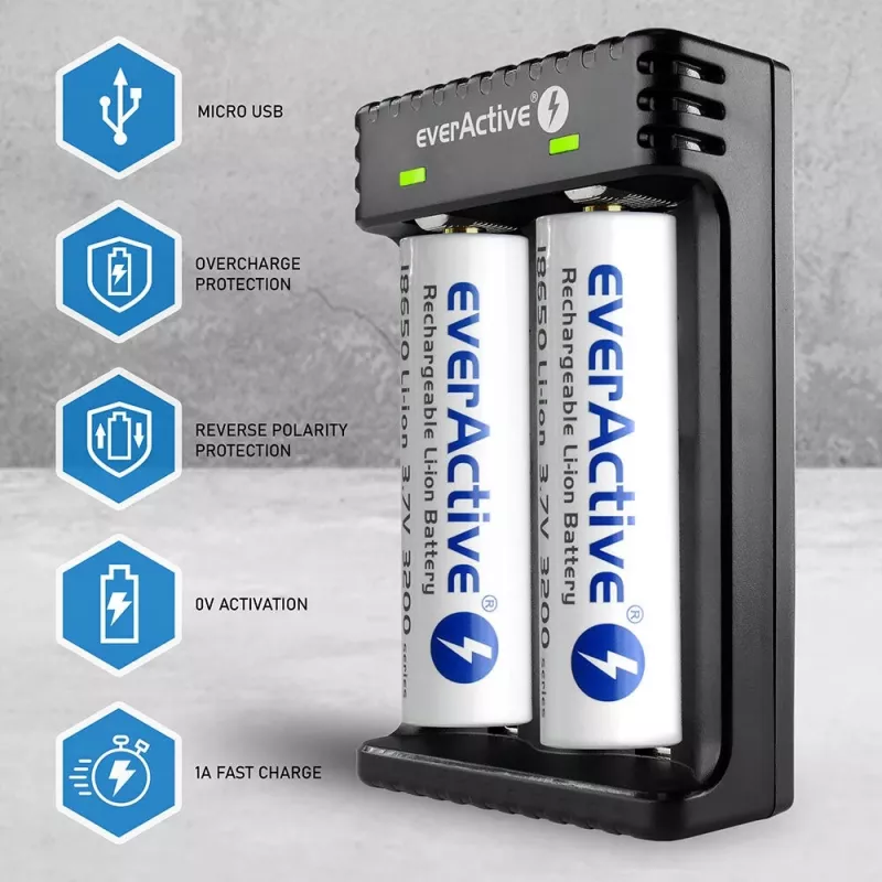 Bateriju lādētājs everActive LC200 mājsaimniecības USB, 2 nodalījumu, Li-Ion, atbalsta A/AA/AAA/AAAA/C/D, 5 V ieeja, 4.2 V izeja, melns
