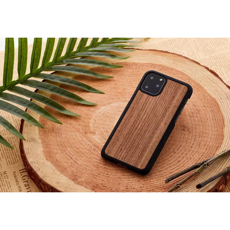 viedtālruņa maciņš man and wood iPhone 11 Pro Max — melnais valrieksts, koka aizmugure, aizsargrāmis