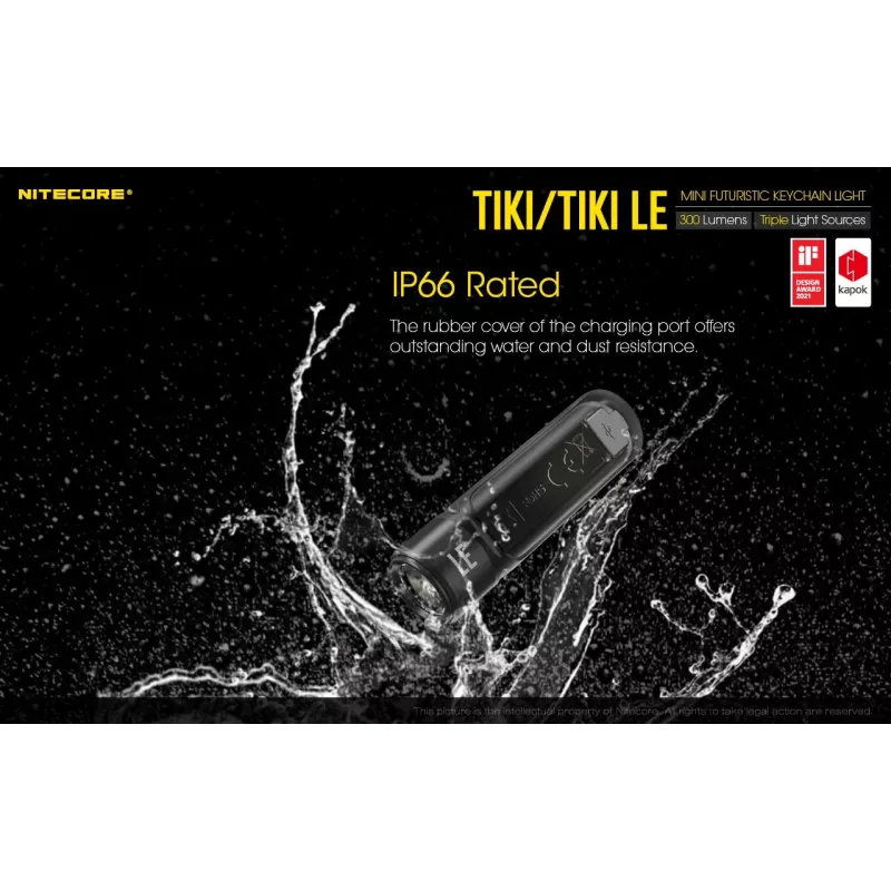 Rokas lukturītis Nitecore TIKI LE — 300 lm, uzlādējams ar USB, polikarbonāts, IP66, triecienizturīgs, 10,5 g, 55 mm, Melns