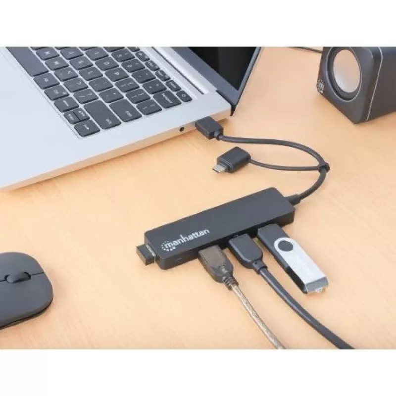 Manhattan USB-C un USB-A kombinētā dokstacija/cents, Porti (4): USB-A (x4), 5 Gbps (USB 3.2 Gen1 jeb USB 3.0), Ar USB barošanu (nav nepieciešams ārējs barošanas avots)