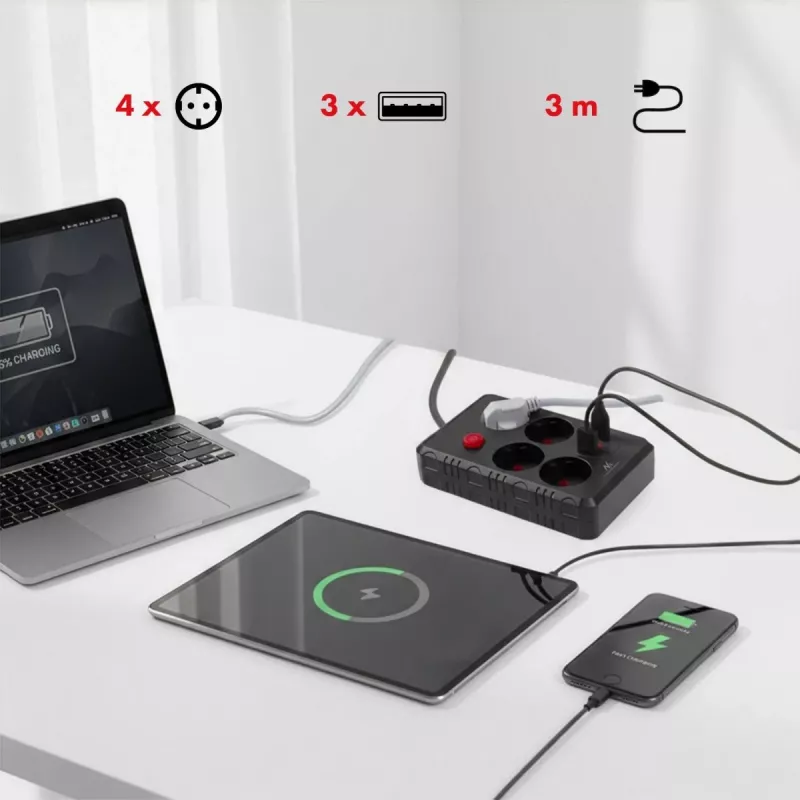 Pagarinātājs MACLEAN MCE393 B — 4 rozetes, 3×USB, 110–240V, 2500W, 3 m kabelis, melns