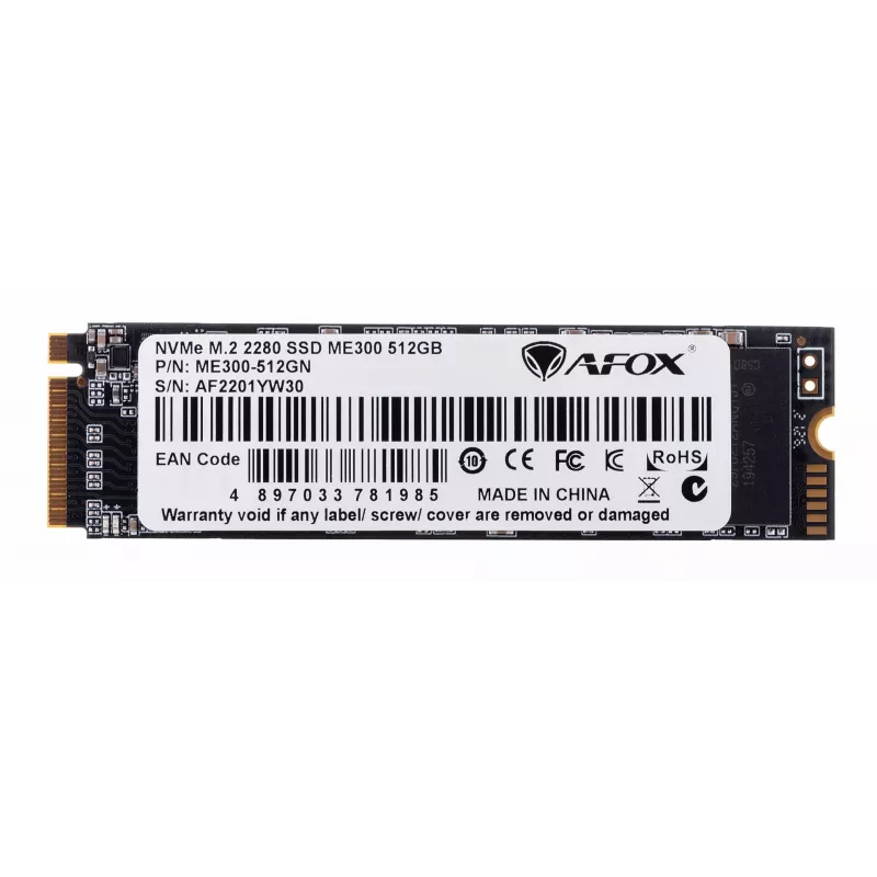 SSD M.2 AFOX ME300-512GN 512 GB PCIe NVMe TLC, lasīšana 2000 MB/s, rakstīšana 1600 MB/s