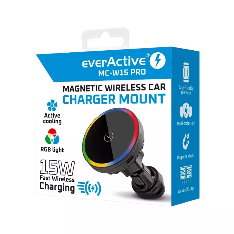 Automašīnas turētājs ar lādētāju everActive MC-W15 PRO 15W — bezvadu uzlādes auto stiprinājums