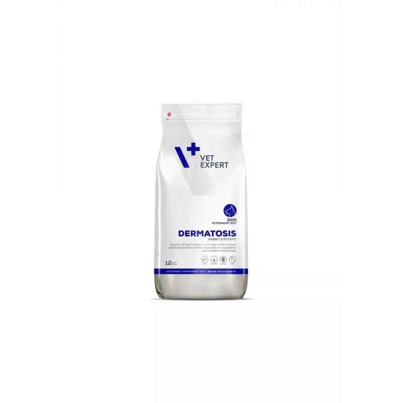 Sausā suņu barība VETEXPERT Dermatosis Rabbit & Potato 12 kg — veterinārā diēta ādas atbalstam, olbaltumvielas 26%, tauki 15%