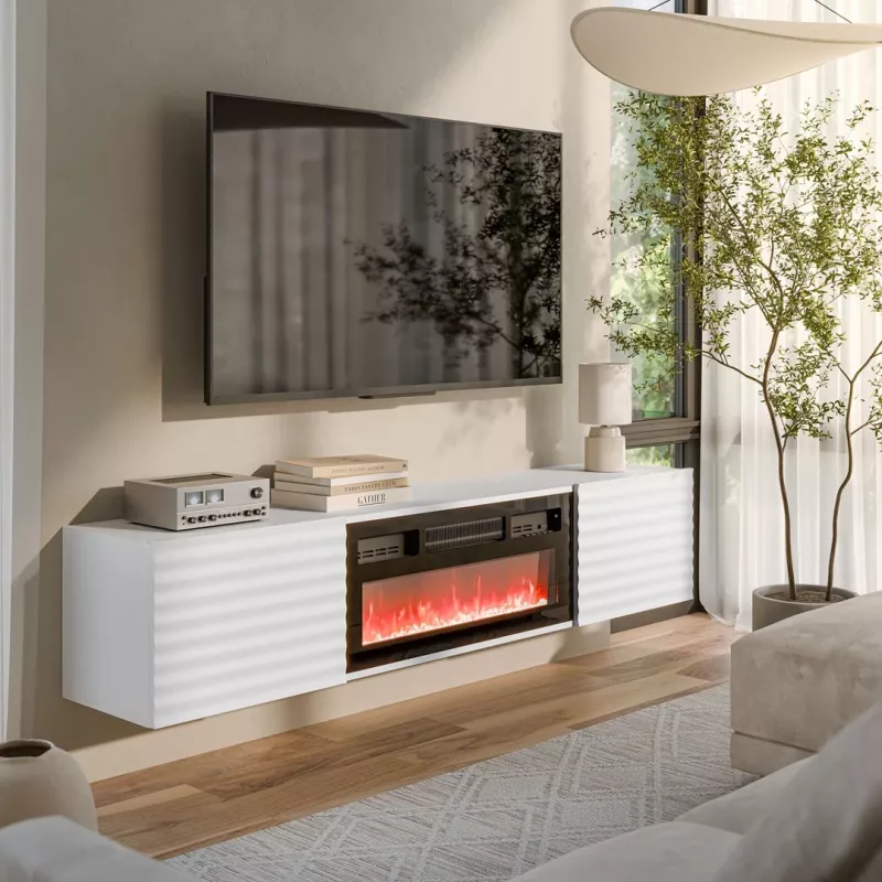 TV skapis Cama Meble TULA ar elektrisko kamīnu, 1830×350×370 mm, balts matēts augšdaļa un rāmis