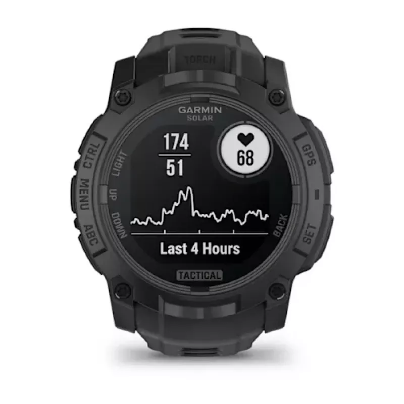 Viedpulkstenis GARMIN Instinct — 45 mm, 3,05 cm (1,2 collas) AMOLED 390×390 skārienjūtīgs, 4 GB, GPS, silikona siksna melna, 53 g