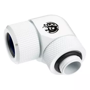 Armatūra BitsPower BP-DWE90RMLA14 — misiņa 90° rotējošā armatūra, diametrs 1,4 cm, balta