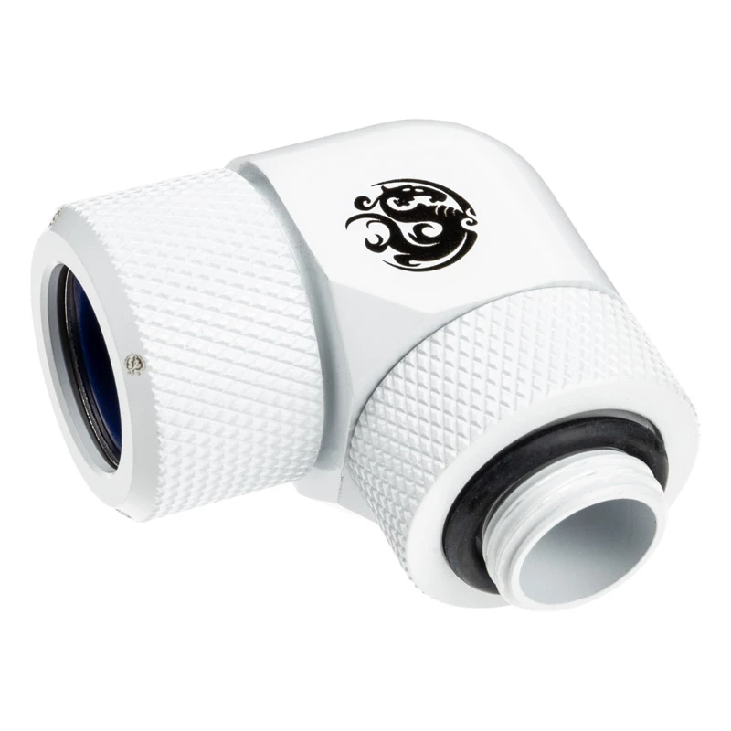 Armatūra BitsPower BP-DWE90RMLA14 — misiņa 90° rotējošā armatūra, diametrs 1,4 cm, balta
