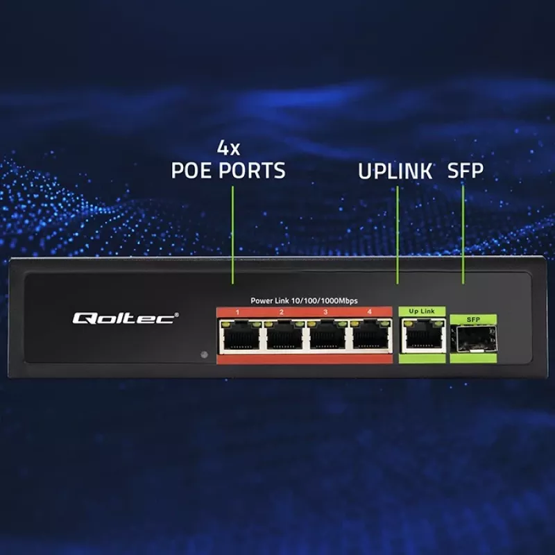 Ethernet PoE komutators QOLTEC 52296 — 4x RJ45 PoE porti, 1x RJ45 uplinks