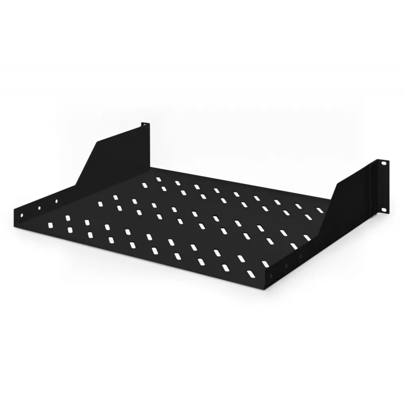 Digitus | 2U fiksēts plaukts statīviem | DN-19 TRAY-2-SW | Melns | Piemērots komponentu uzglabāšanai, kas nav 483 mm (19”) saderīgi. Plāns dizains, kas aizņem 2 augstuma vienību vietu. Viegli un ātri uzstādāms vai noņemams. Izmēri 88x482x349 mm, līdz 25 k