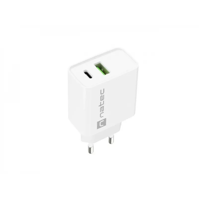 Iekštelpu maiņstrāvas ātrās uzlādes lādētājs NATEC RIBERA 12V 20W USB-C PD 3.0 + USB-A Samsung AFC balts
