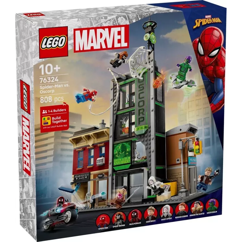 Konstrukciju rotaļlieta LEGO Marvel komplekts 76324 Zirnekļcilvēks pret Oscorp, 808 detaļas, 8 minifigūras, vecumam no 10 gadiem