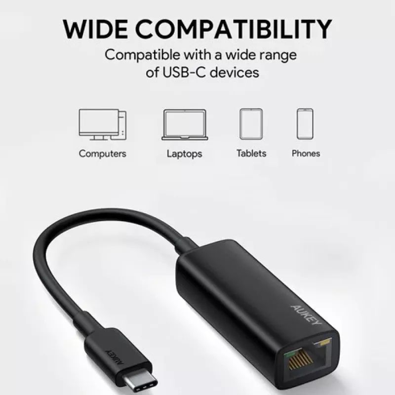 Ethernet adapteris Aukey CB-A30 USB‑C uz Gigabit RJ45 10/100/1000 Mbps, USB 3.0, alumīnija, LED indikatori