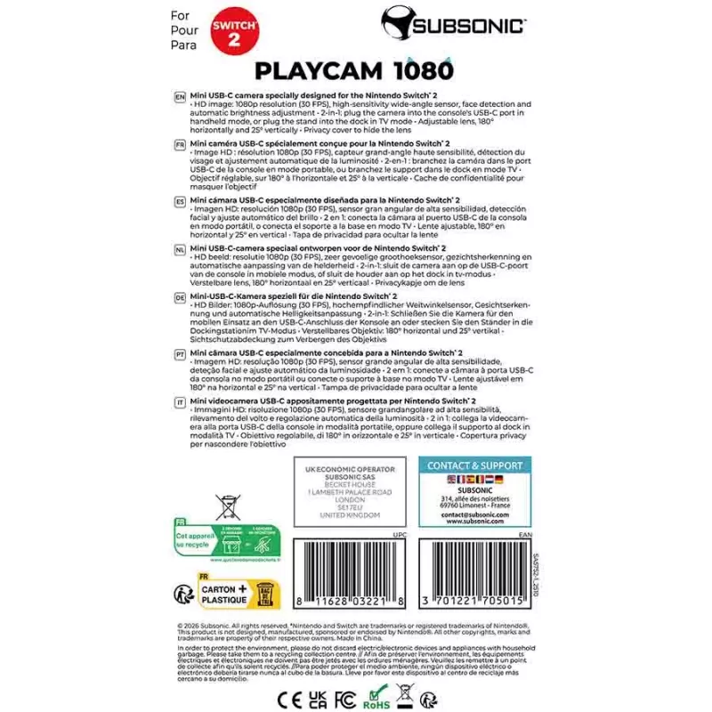 Subsonic Playcam 1080 2in1 HD Mini kamera Nintendo Switch 2 sarkanā krāsā