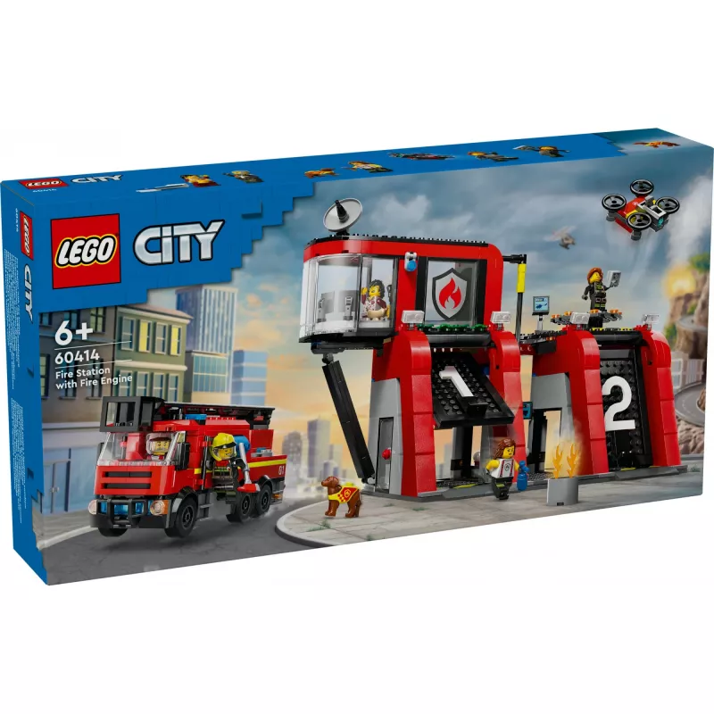 Konstrukciju rotaļlieta LEGO City Ugunsdzēsēju stacija ar grozāmo kāpņu transportlīdzekli 60414 — 843 detaļas, 5 minifigūras, 220×320×140 mm