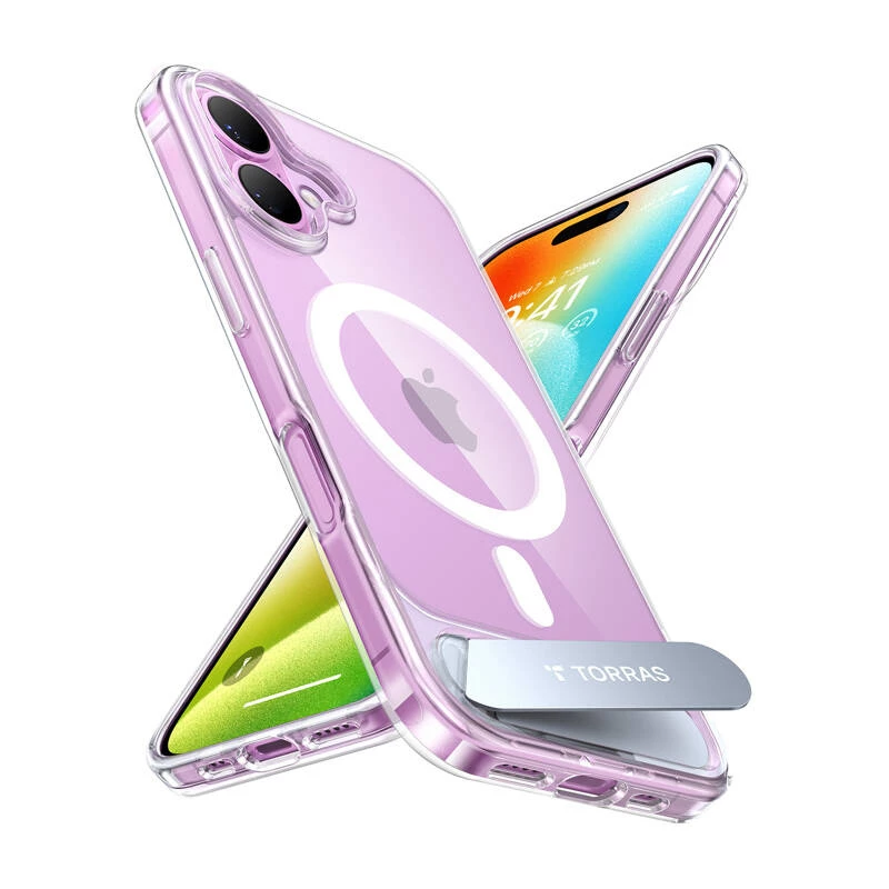 Torras Pstand sērijas vāciņš iPhone 16 Plus — caurspīdīgs aizsargpārvalks ar integrētu statīvu