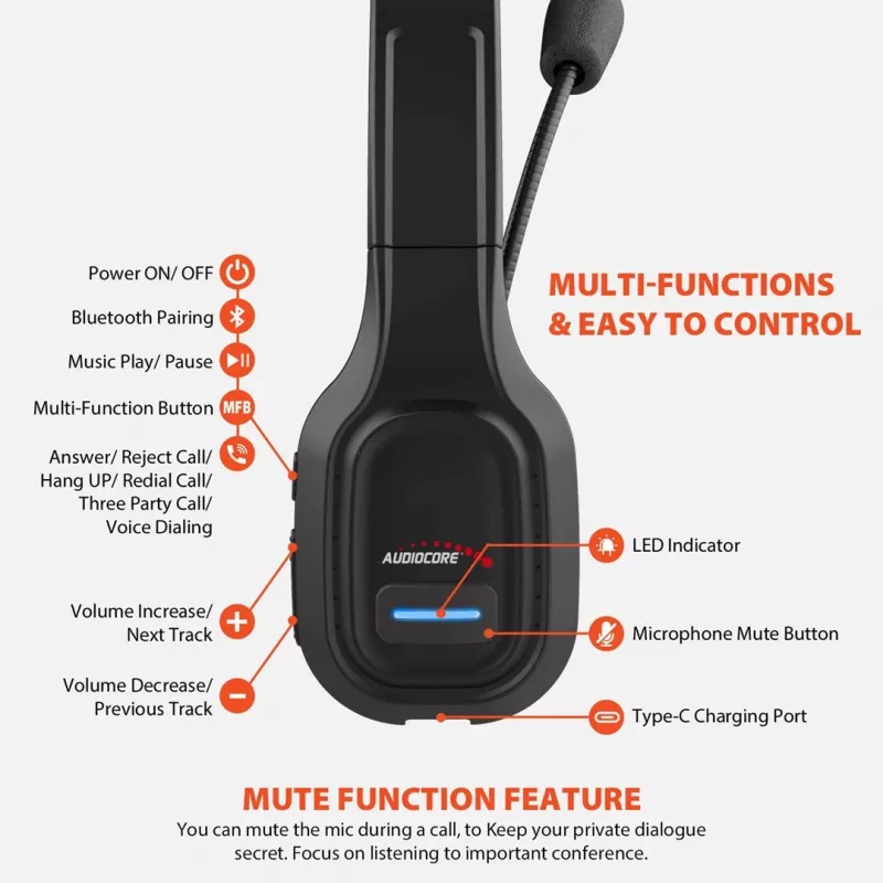 Audiocore 74452 Bluetooth austiņas ar mikrofonu, trokšņu slāpēšana, zvaniem, Call Center, Google Siri, birojam, bezvadu