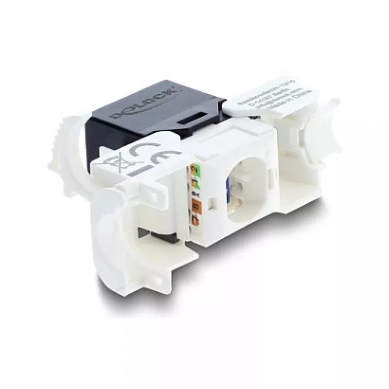 Keystone modulis RJ45 uz LSA Cat.6 UTP ar fiksējošo klipsi un bez kabeļu saitēm — DELOCK 90794, plakans melns/baltss, 16.1×30×19.4 mm