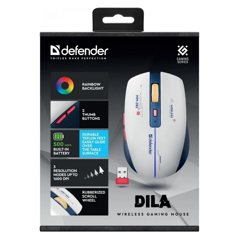 Bezvadu spēļu pele DEFENDER MM-282 RF — piemērota abām rokām, optiska, 1800 DPI, 5 pogas, USB, darbināma ar baterijām