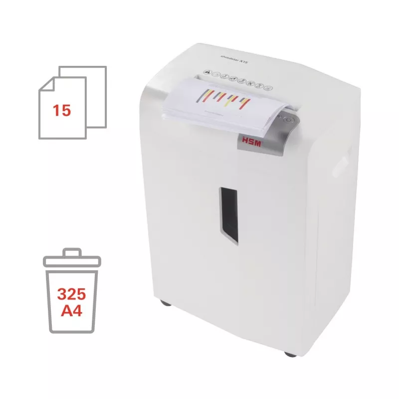 Papīra smalcinātājs HSM X15, daļiņu griezums P-4, 23 cm darba platums, 16 lapu ietilpība, 26 L tvertne, sudraba