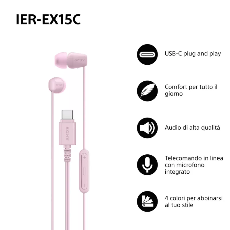 Sony IER-EX15C austiņas ar vadu, ievietojamas ausīs, zvaniem/mūzikai, USB-C, rozā