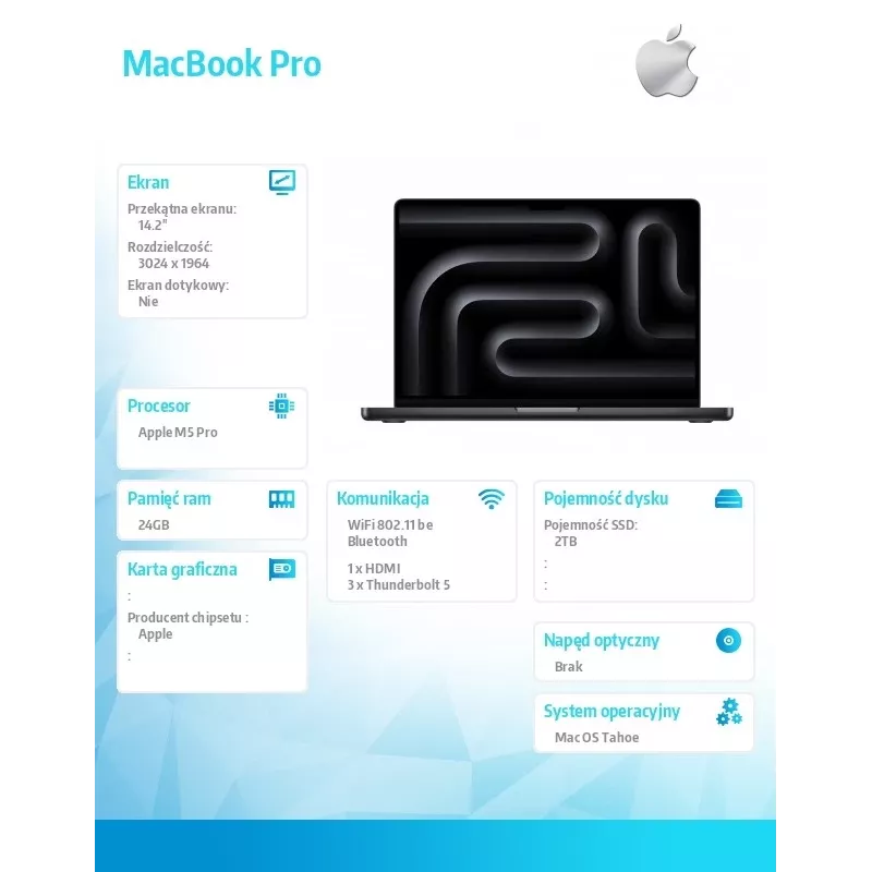 Portatīvais dators Apple MacBook Pro 14 collas — M5 Pro 18‑kodolu CPU / 20‑kodolu GPU, 24 GB RAM, 2 TB SSD, Space Black