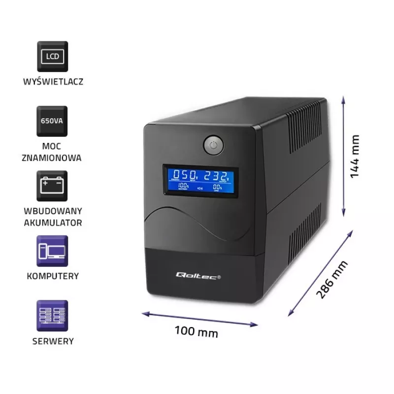 Qoltec Monolith UPS Double-conversion Online 0,65 kVA 360 W 2 AC kontaktligzdas