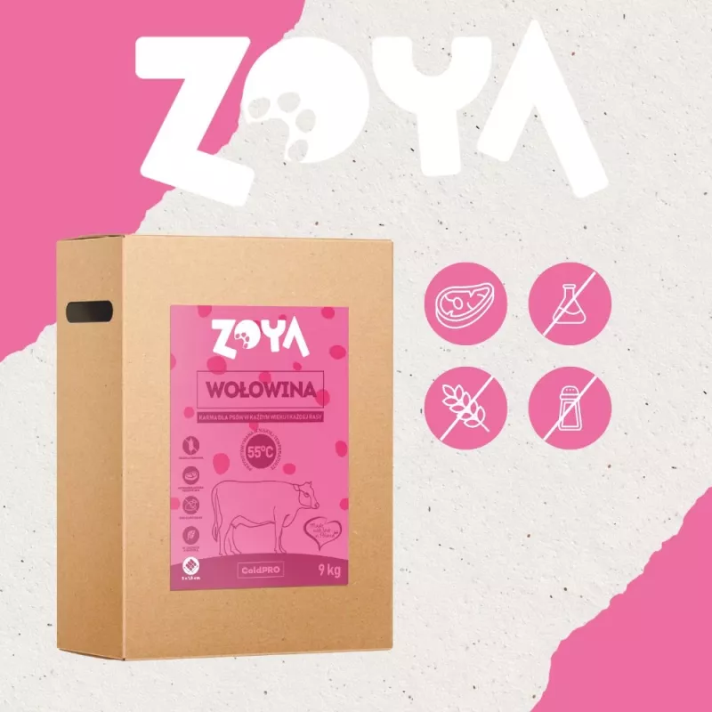 Sausā suņu barība ZOYA ColdPRO Beef 9 kg — pilnvērtīga pieaugušo suņu sausā barība, 27% olbaltumvielu, 9,5% tauku, bez lipekļa, bez cukura
