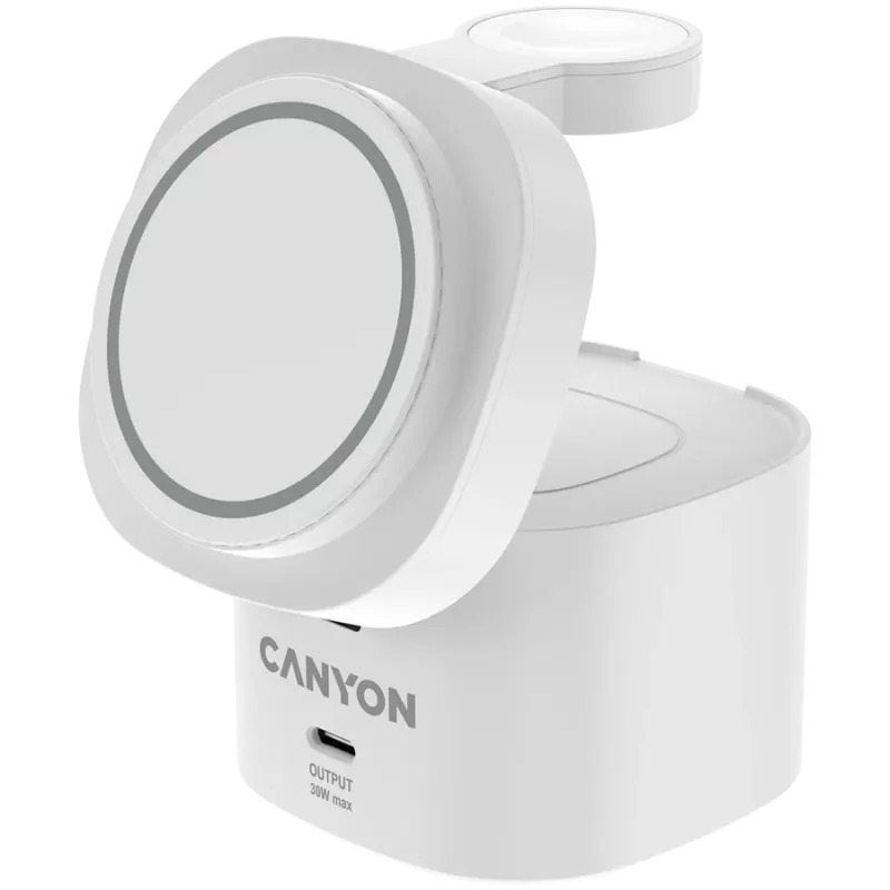 Canyon 4 in 1 bezvadu uzlādes statīvs, 30W maks., izmērs: 70x70x70,3 mm, svars: 414 g, ar 65W lādētāju un 1M kabeli, balts