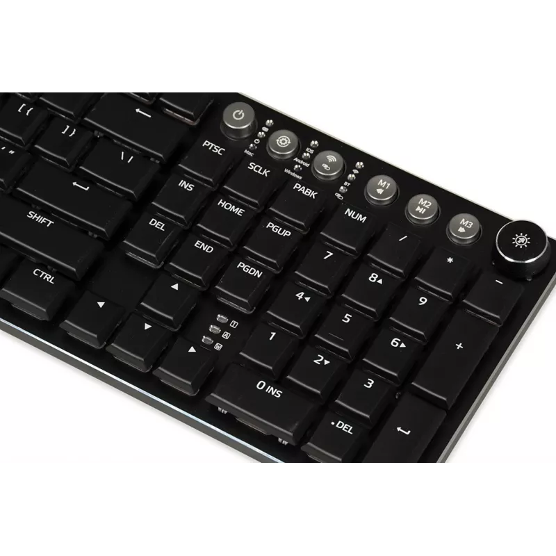 Klaviatūra IBOX AURORA K-6 — pilna izmēra QWERTY, RF bezvadu + Bluetooth, RGB apgaismojums, mehāniski zema profila taustiņi, melna