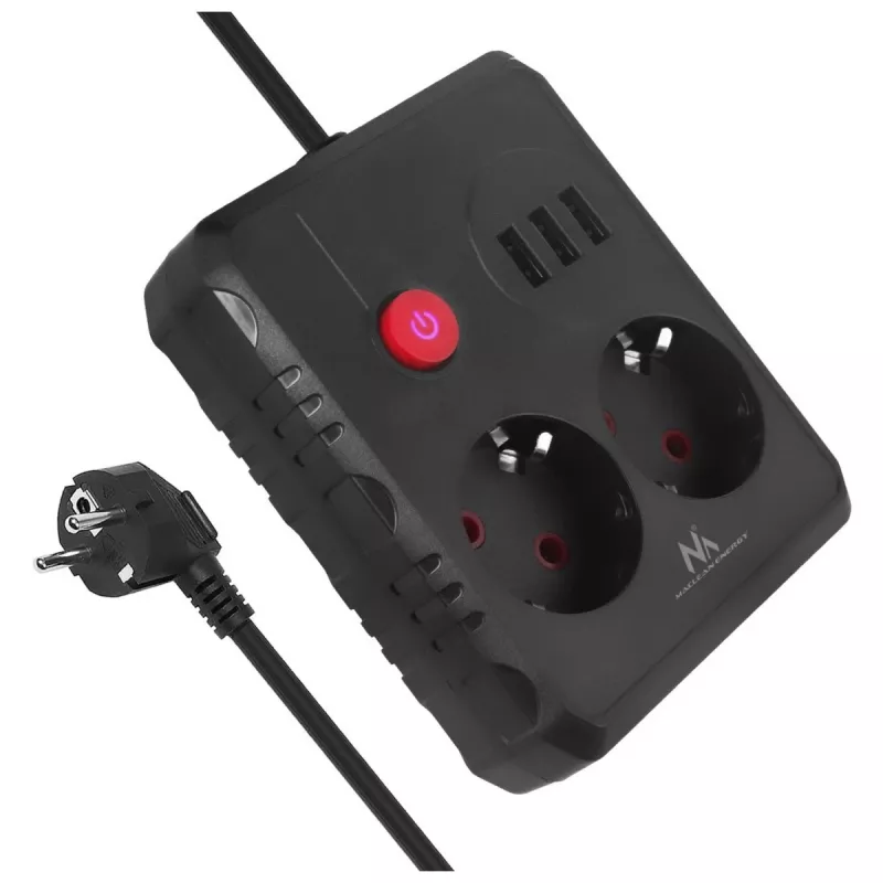 Strāvas sadalītājs MACLEAN MCE388 B — 2 maiņstrāvas rozetes, 3×USB A, 110–120V 50/60Hz, 2500W, 3 m kabelis, melns