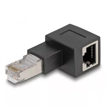 DeLOCK RJ45 spraudnis uz RJ45 ligzdas adapteris Cat.6A 90° pa kreisi leņķots melns
