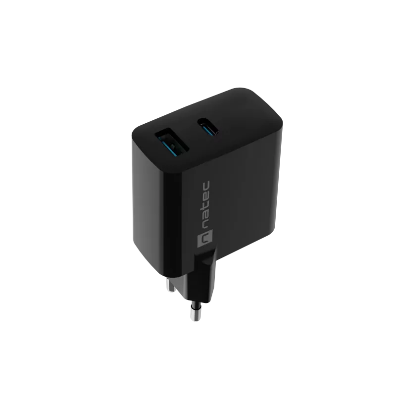 Vadu mobilo ierīču lādētājs NATEC NUC-2143, 45 W, USB-C PD 3.0 + USB-A QC 3.0, 110–240 V, melns