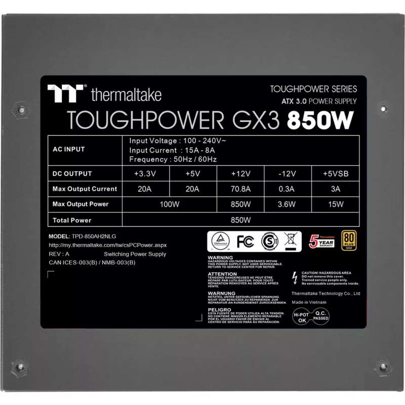 Thermaltake ToughPower GX3 - barošanas bloks (iekšējais) - ATX12V 3.0 - EPS12V - 80 PLUS Gold - AC 100-240 V - 850 W - melns (PS-TPD-0850NNFAGE-3)