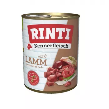 Mitrā suņu barība RINTI Lamb Adult 800 g — pilnvērtīga barība, 77% mitruma, 11% olbaltumvielu, bez graudiem un sojas