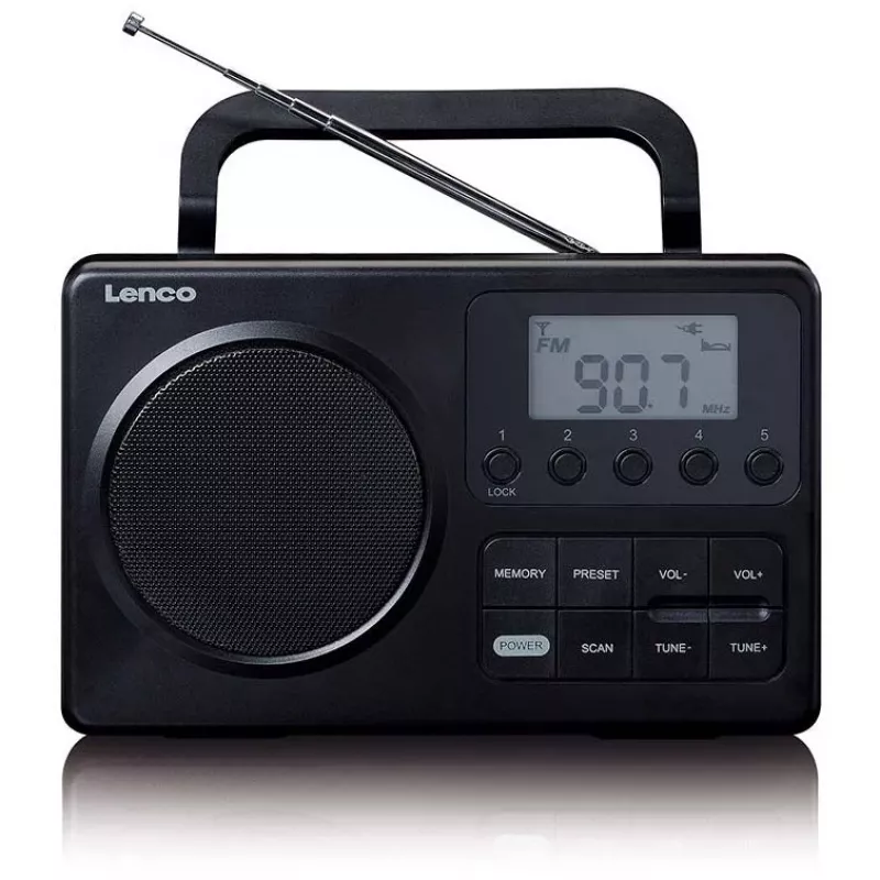 Pārnēsājams radio Lenco MPR-035BK — FM/AM, tīkla un bateriju barošana, 2,5 collu LCD, 20 FM iepriekšiestatījumi, 3,5 mm izeja