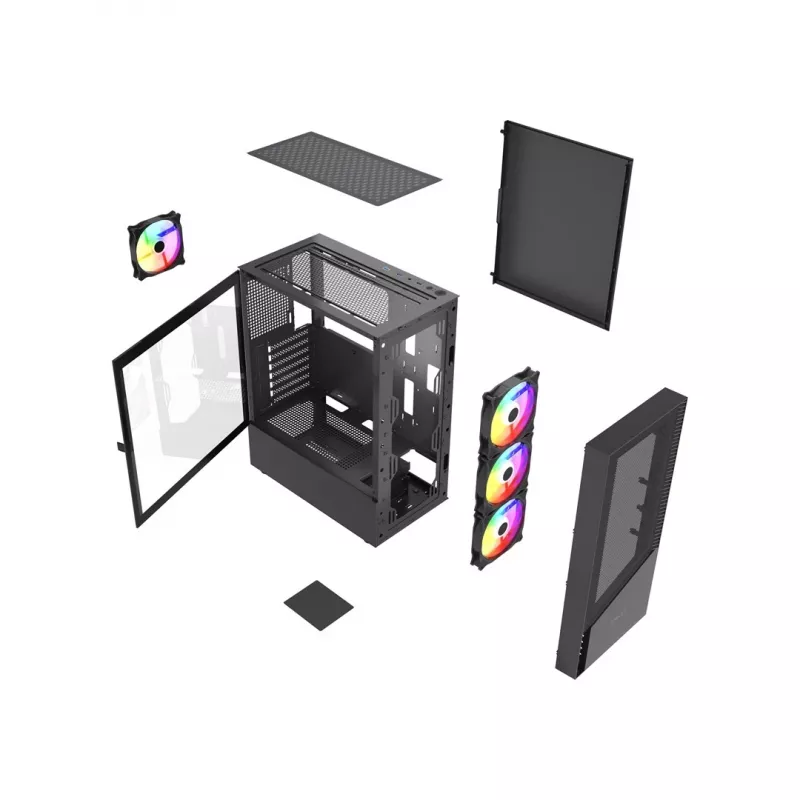 PC Case GEMBIRD Fornax 4300 Midi Tower ATX, rūdīts stikls, 2x3.5 collu nodalījumi, 3x2.5 collu nodalījumi, ARGB ventilatoru atbalsts, USB 3.2 Gen1