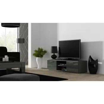 TV statīvs cama meble SOHO 140 — 1400×430×370 mm, pelēka virsma (skaidu plātne), pelēks rāmis